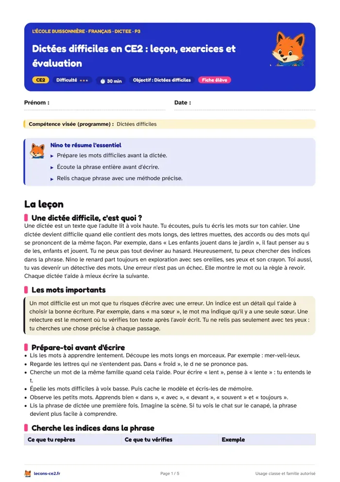Aperçu de la fiche « Dictées difficiles en CE2 : leçon, exercices et évaluation » en PDF
