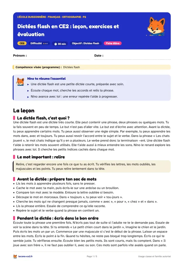 Aperçu de la fiche « Dictées flash en CE2 : leçon, exercices et évaluation » en PDF