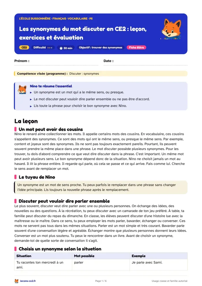 Aperçu de la fiche « Les synonymes du mot discuter en CE2 : leçon, exercices et évaluation » en PDF