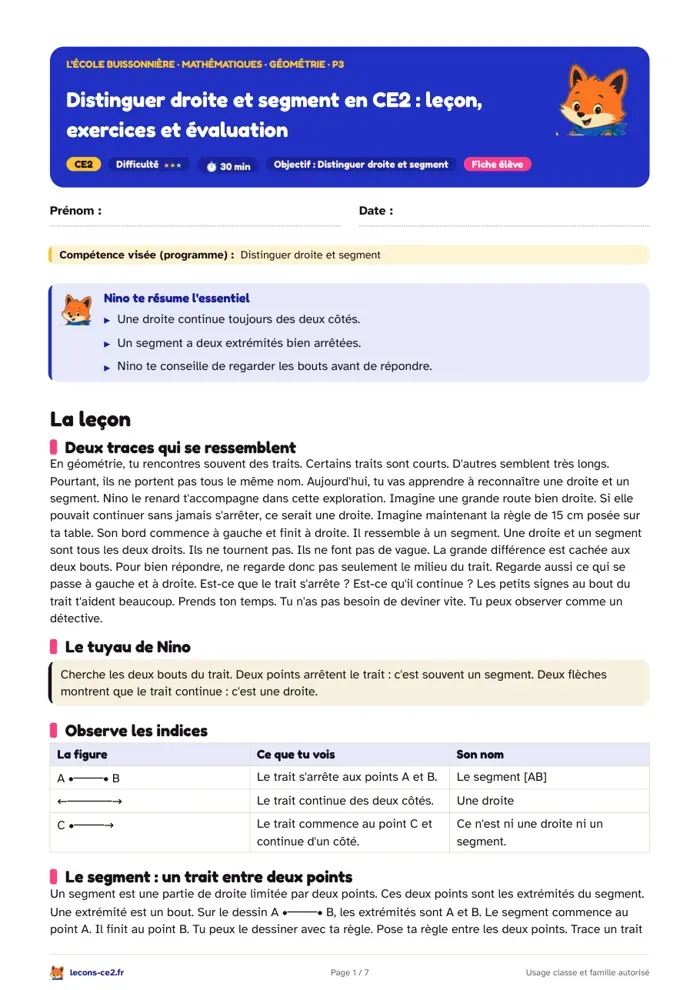Aperçu de la fiche « Distinguer droite et segment en CE2 : leçon, exercices et évaluation » en PDF