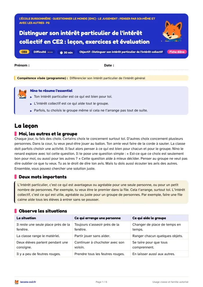 Aperçu de la fiche « Distinguer son intérêt particulier de l'intérêt collectif en CE2 : leçon, exercices et évaluation » en PDF