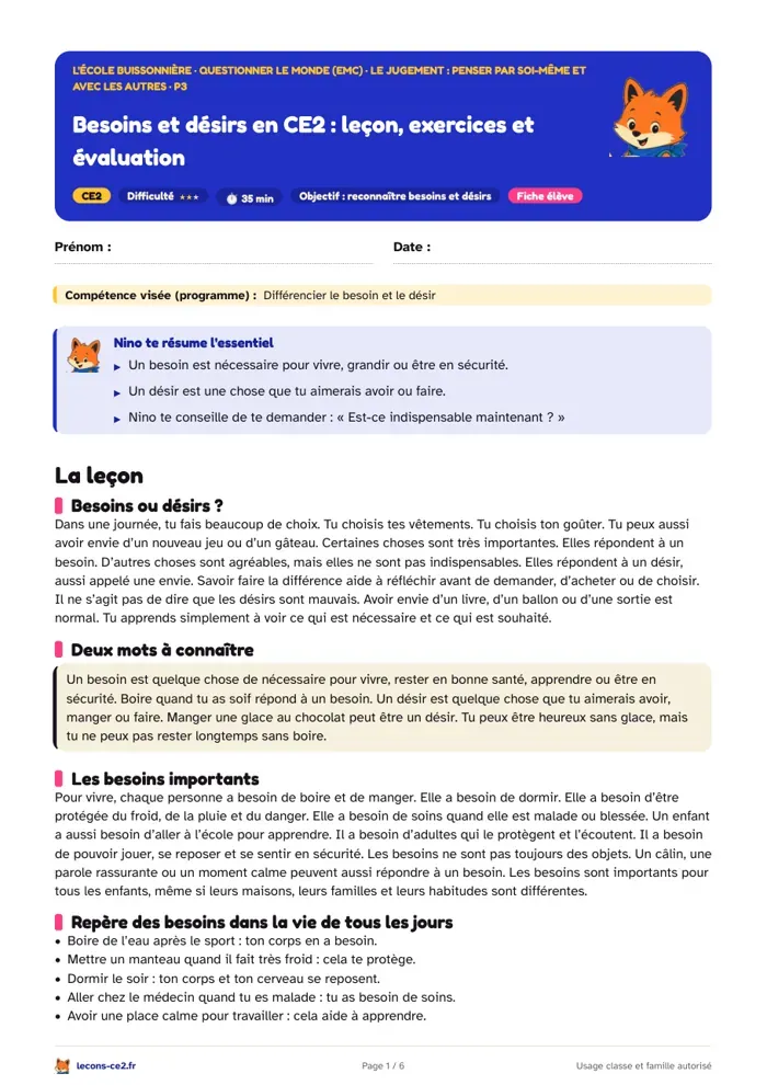 Aperçu de la fiche « Besoins et désirs en CE2 : leçon, exercices et évaluation » en PDF