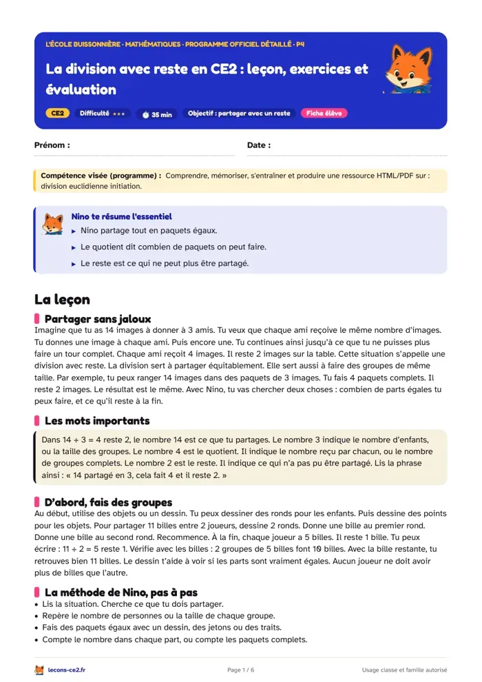 Aperçu de la fiche « La division avec reste en CE2 : leçon, exercices et évaluation » en PDF