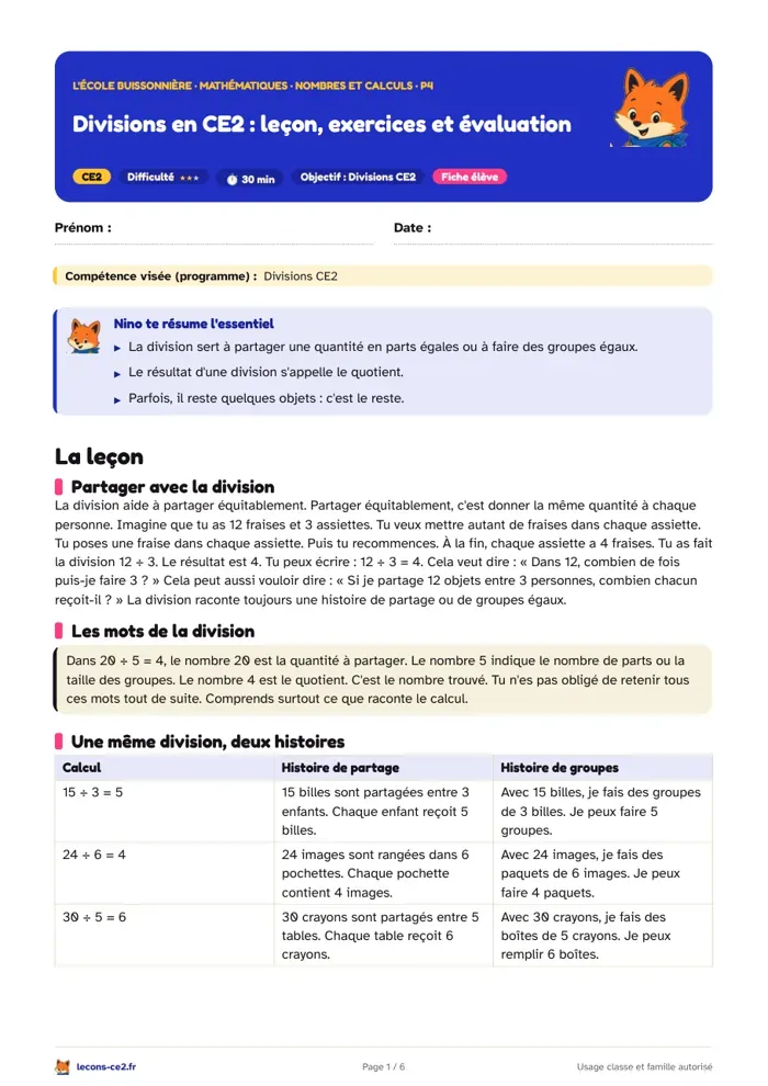 Aperçu de la fiche « Divisions en CE2 : leçon, exercices et évaluation » en PDF