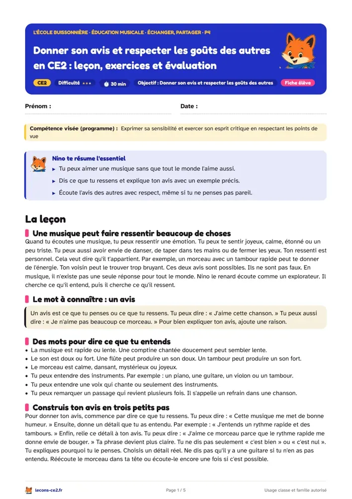 Aperçu de la fiche « Donner son avis et respecter les goûts des autres en CE2 : leçon, exercices et évaluation » en PDF