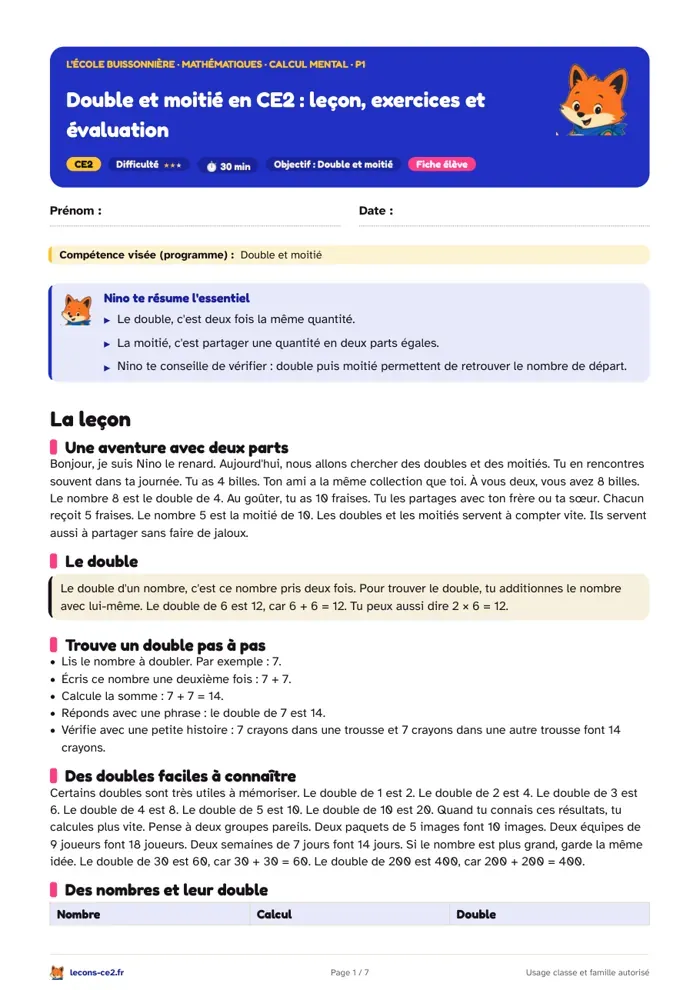 Aperçu de la fiche « Double et moitié en CE2 : leçon, exercices et évaluation » en PDF