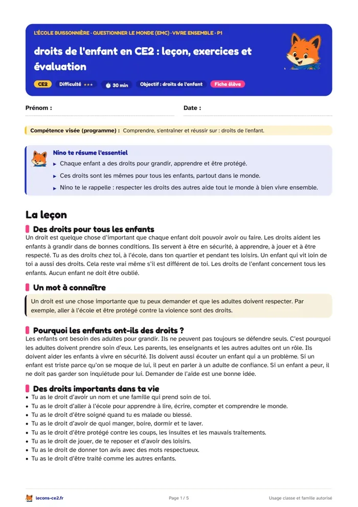 Aperçu de la fiche « Droits de l'enfant en CE2 : leçon, exercices et évaluation » en PDF
