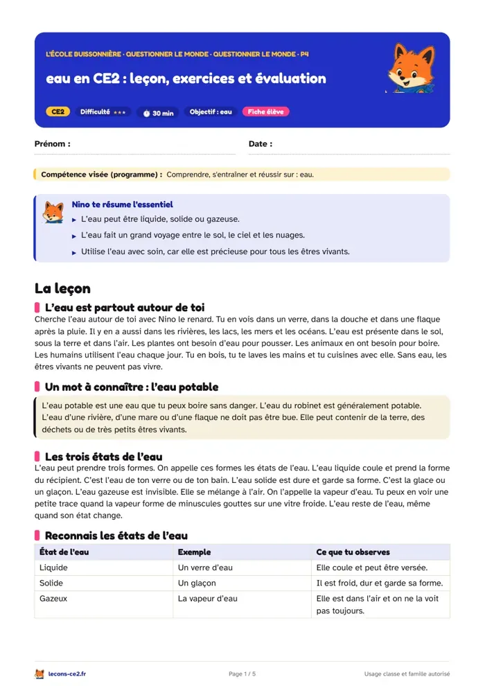 Aperçu de la fiche « Eau en CE2 : leçon, exercices et évaluation » en PDF