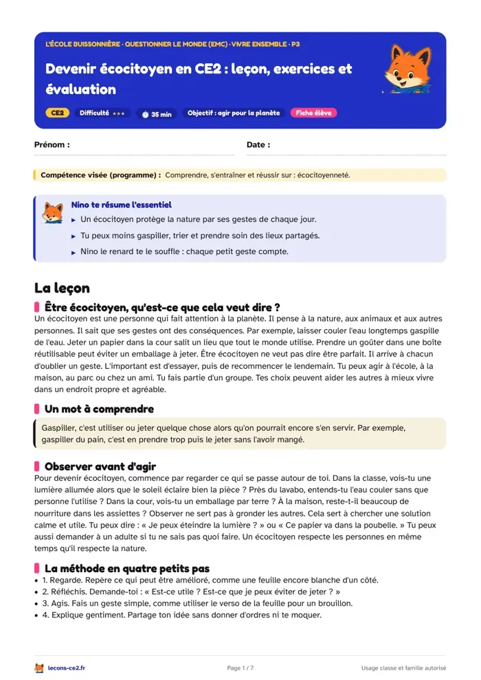 Aperçu de la fiche « Devenir écocitoyen en CE2 : leçon, exercices et évaluation » en PDF
