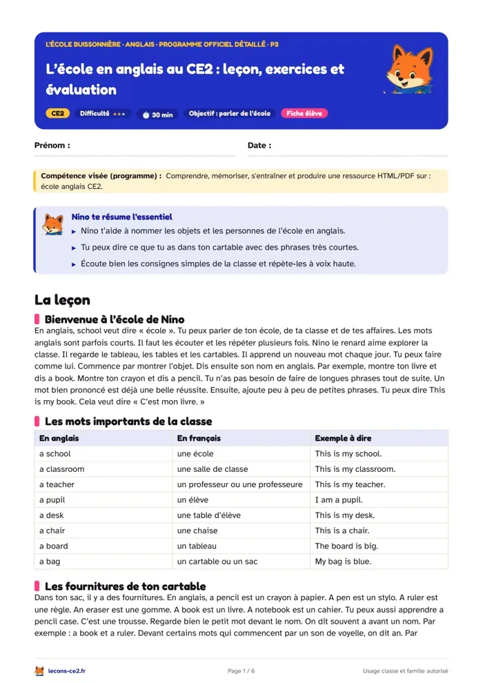 Aperçu de la fiche « L’école en anglais au CE2 : leçon, exercices et évaluation » en PDF