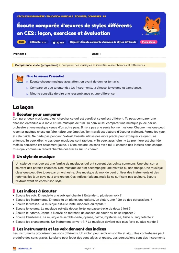 Aperçu de la fiche « Écoute comparée d'œuvres de styles différents en CE2 : leçon, exercices et évaluation » en PDF