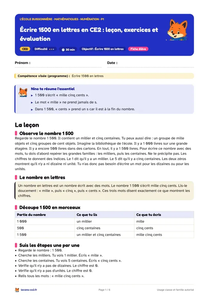 Aperçu de la fiche « Écrire 1500 en lettres en CE2 : leçon, exercices et évaluation » en PDF