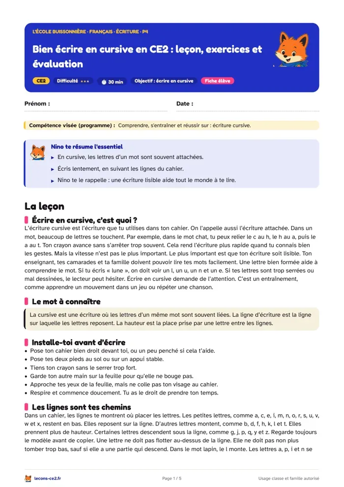 Aperçu de la fiche « Bien écrire en cursive en CE2 : leçon, exercices et évaluation » en PDF