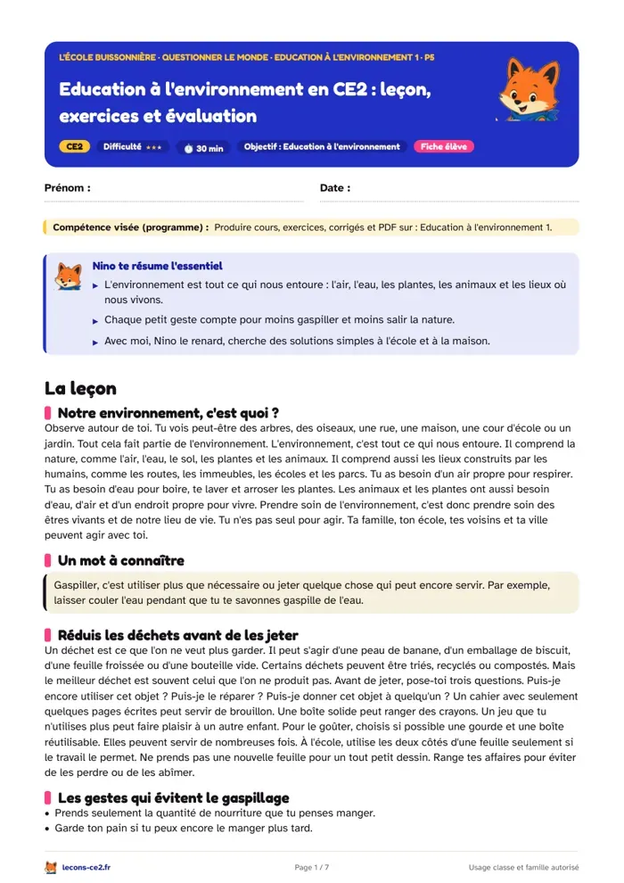 Aperçu de la fiche « Education à l'environnement en CE2 : leçon, exercices et évaluation » en PDF