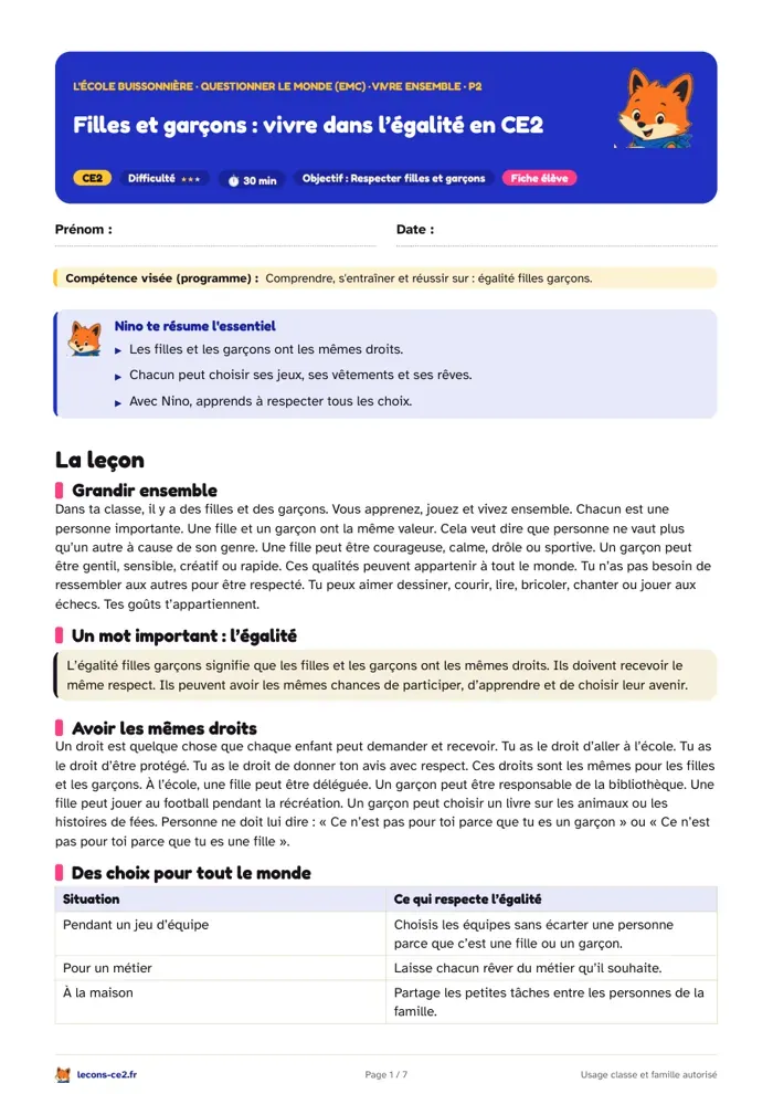 Aperçu de la fiche « Filles et garçons : vivre dans l’égalité en CE2 » en PDF