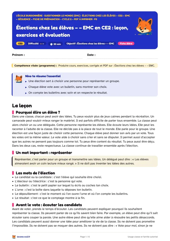 Aperçu de la fiche « Élire un délégué de classe en CE2 : candidats, vote et dépouillement » en PDF