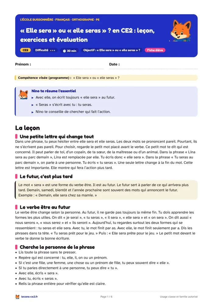 Aperçu de la fiche « « Elle sera » ou « elle seras » ? en CE2 : leçon, exercices et évaluation » en PDF