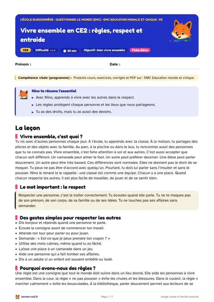 Aperçu de la fiche « Droits, devoirs et règles de vie en CE2 : leçon d'EMC » en PDF