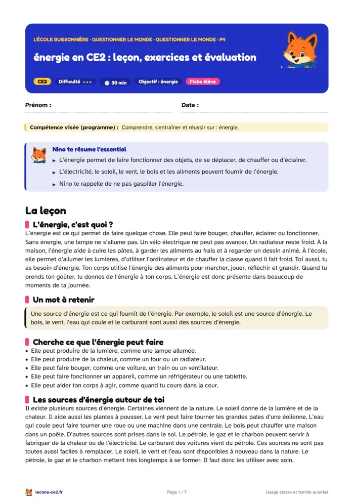 Aperçu de la fiche « Énergie en CE2 : leçon, exercices et évaluation » en PDF