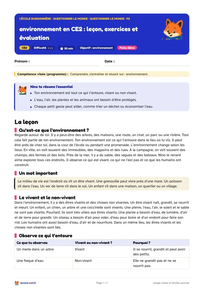 Aperçu de la fiche « Environnement en CE2 : leçon, exercices et évaluation » en PDF