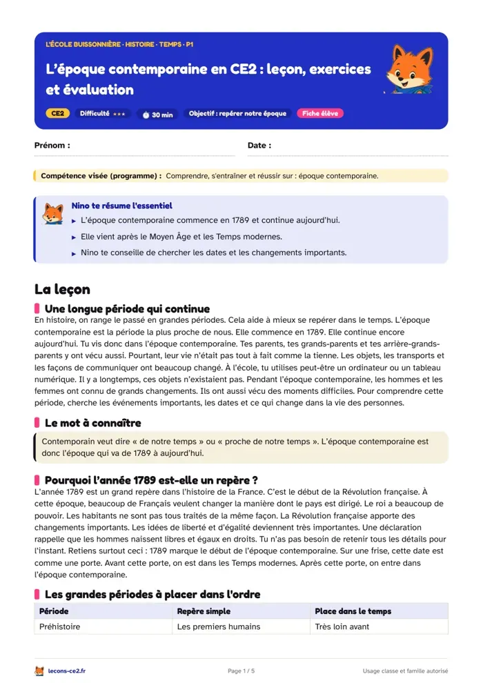 Aperçu de la fiche « L’époque contemporaine en CE2 : leçon, exercices et évaluation » en PDF