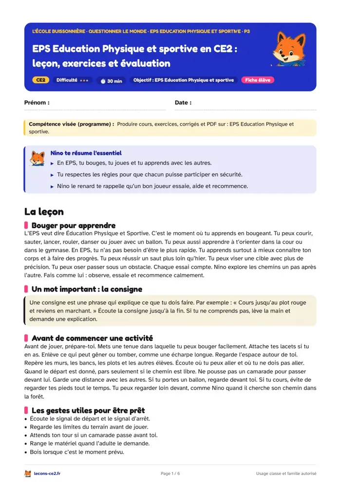 Aperçu de la fiche « L'EPS en CE2 : sécurité, consignes et jeu avec les autres » en PDF