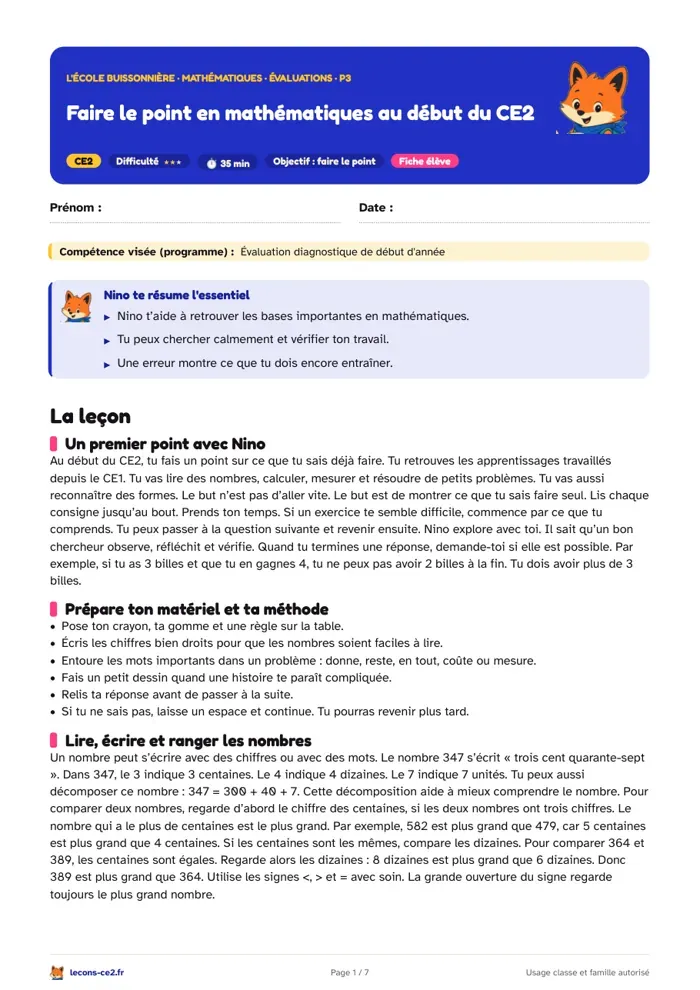 Aperçu de la fiche « Faire le point en mathématiques au début du CE2 » en PDF