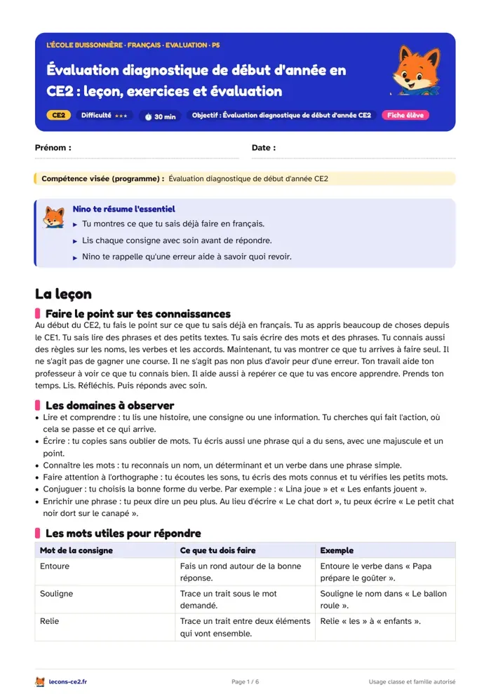 Aperçu de la fiche « Évaluation diagnostique de français en début de CE2 : de la consigne à la phrase écrite » en PDF