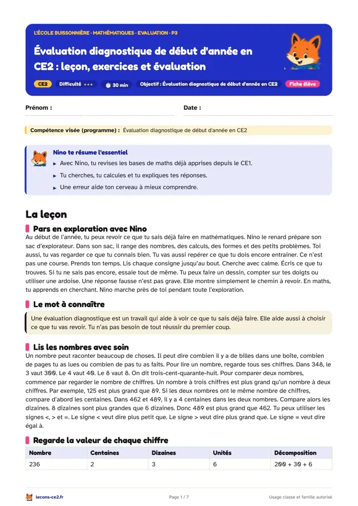Aperçu de la fiche « Ton évaluation diagnostique de début d'année en CE2 : calcule, partage et résous » en PDF