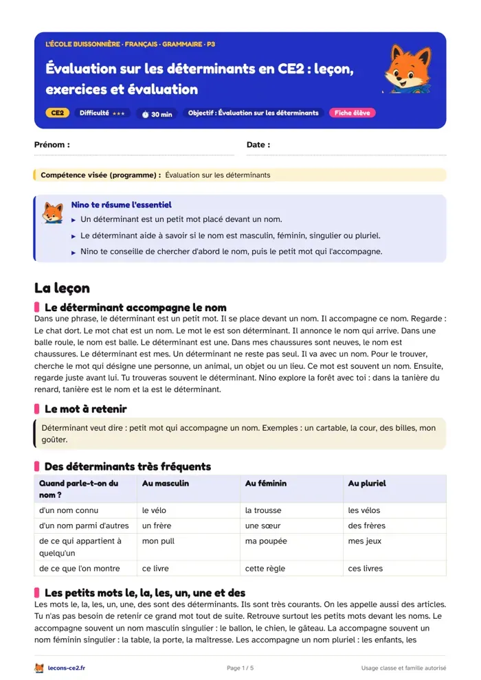 Aperçu de la fiche « Évaluation sur les déterminants en CE2 : leçon, exercices et évaluation » en PDF