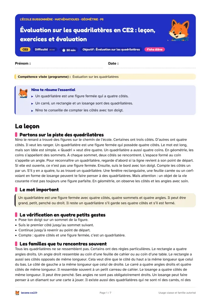 Aperçu de la fiche « Évaluation sur les quadrilatères en CE2 : leçon, exercices et évaluation » en PDF
