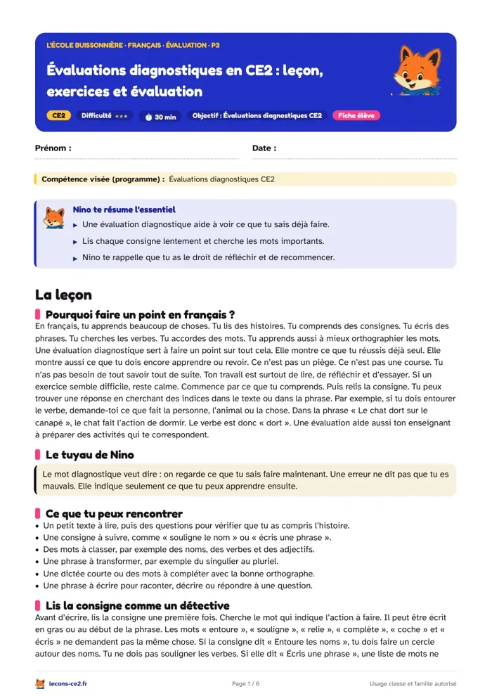 Aperçu de la fiche « Évaluations diagnostiques en CE2 : leçon, exercices et évaluation » en PDF