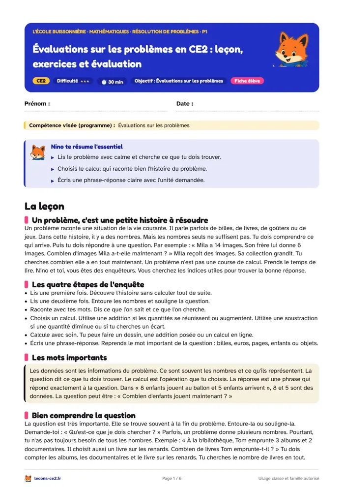 Aperçu de la fiche « Évaluations sur les problèmes en CE2 : leçon, exercices et évaluation » en PDF