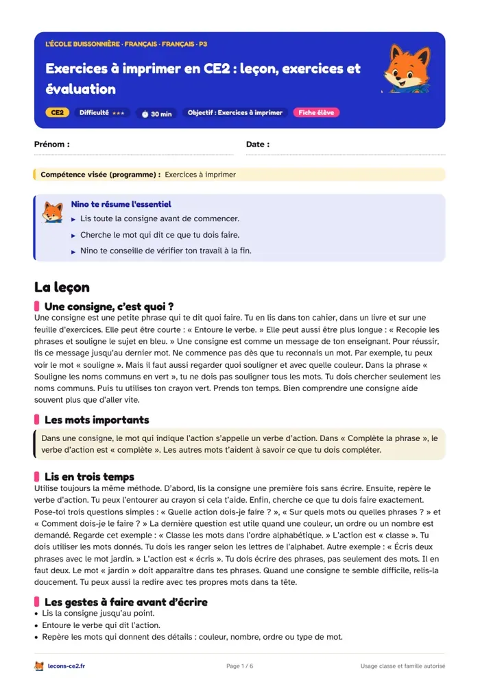 Aperçu de la fiche « Exercices à imprimer en CE2 : leçon, exercices et évaluation » en PDF