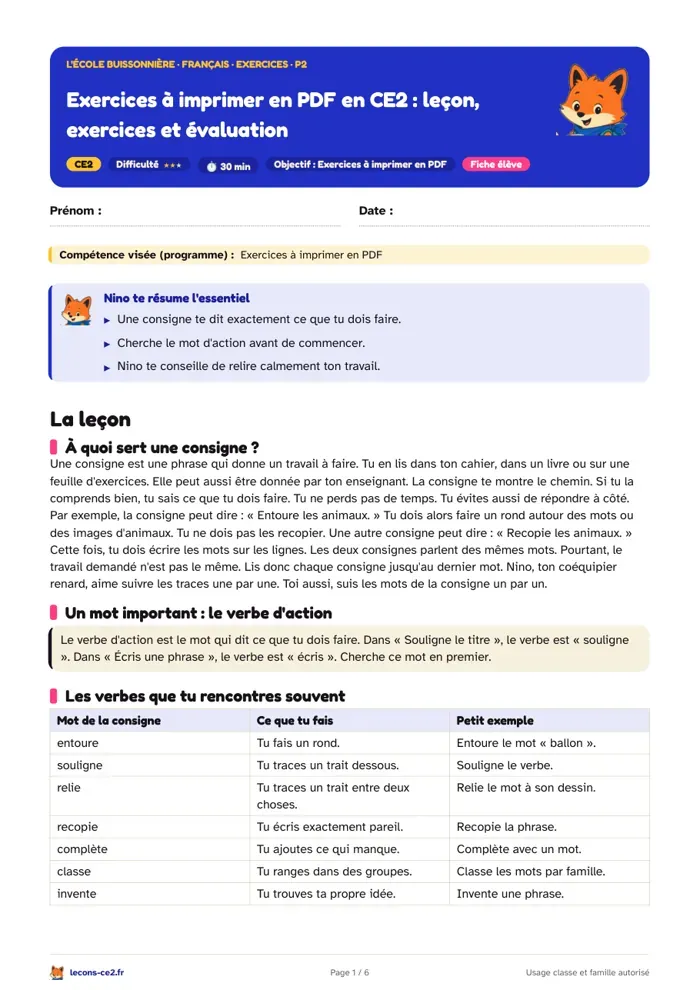 Aperçu de la fiche « Comprendre une consigne en CE2 : repérer le verbe d'action » en PDF