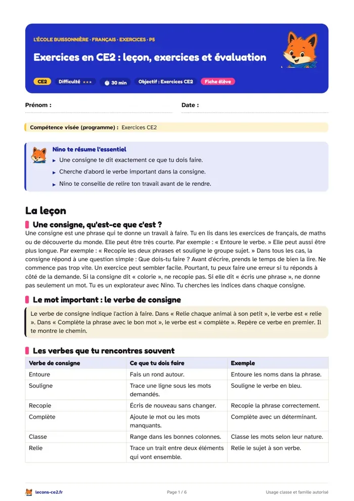 Aperçu de la fiche « Exercices en CE2 : leçon, exercices et évaluation » en PDF