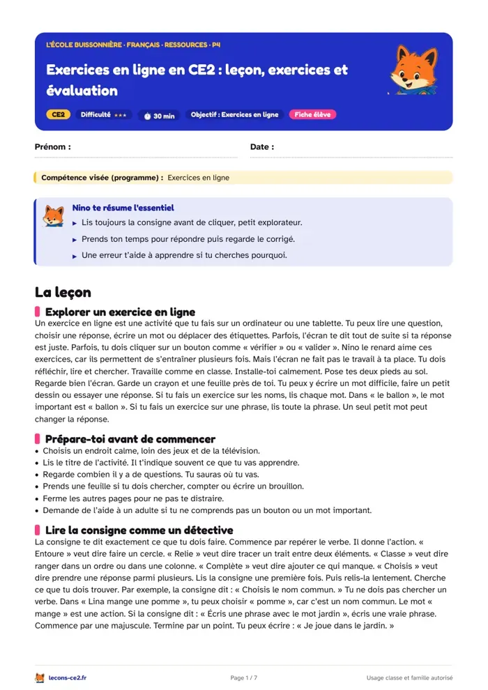 Aperçu de la fiche « Exercices en ligne en CE2 : leçon, exercices et évaluation » en PDF