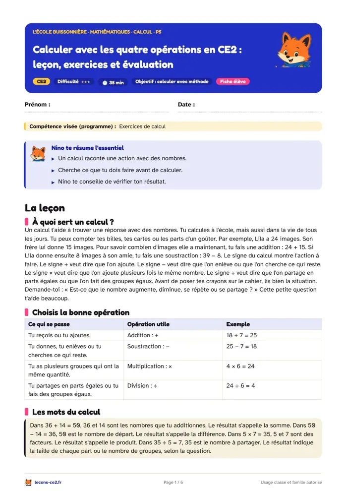 Aperçu de la fiche « Calculer en CE2 : méthodes, exercices et évaluation » en PDF