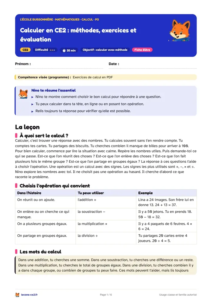 Aperçu de la fiche « Exercices de calcul en PDF en CE2 : leçon, exercices et évaluation » en PDF