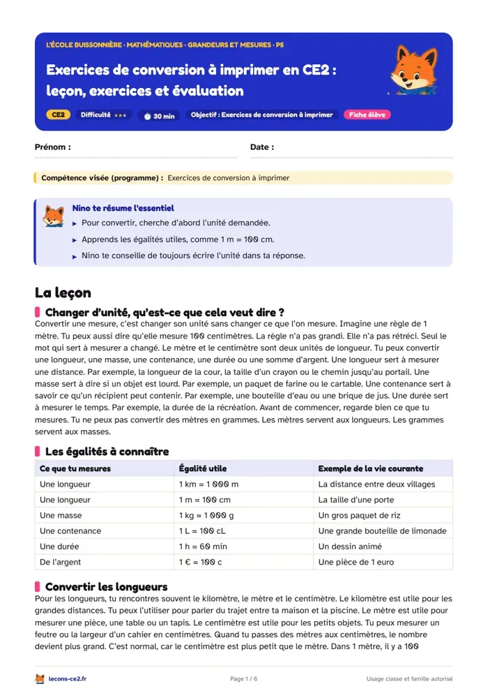 Aperçu de la fiche « Exercices de conversion à imprimer en CE2 : leçon, exercices et évaluation » en PDF