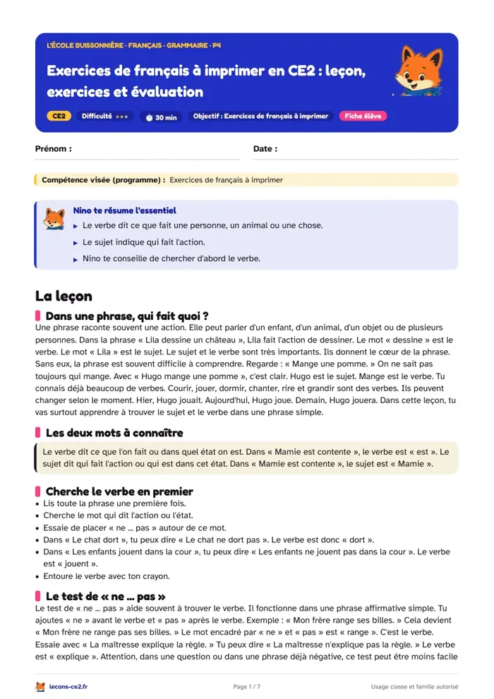 Aperçu de la fiche « Exercices de français à imprimer en CE2 : leçon, exercices et évaluation » en PDF