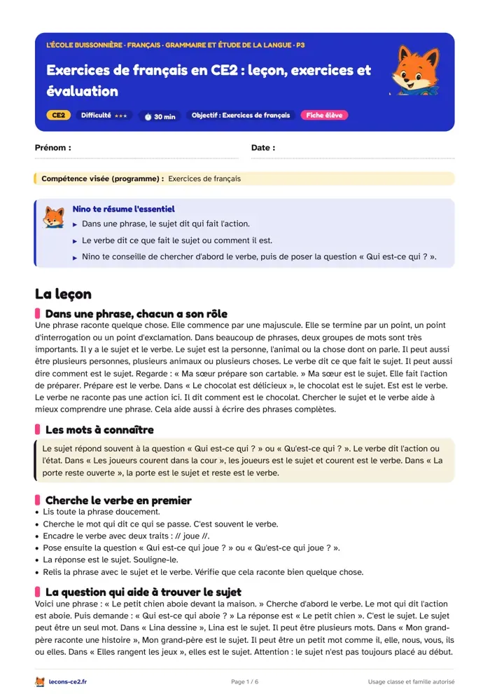 Aperçu de la fiche « Exercices de français en CE2 pour ne plus confondre le sujet avec les autres mots » en PDF