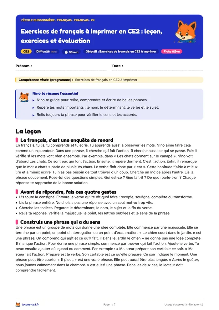 Aperçu de la fiche « Exercices de français en CE2 à imprimer pour écrire, accorder et relire ses phrases » en PDF