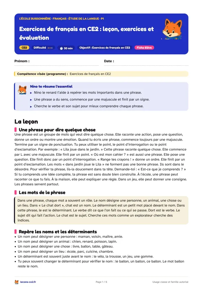 Aperçu de la fiche « Exercices de français en CE2 : leçon, exercices et évaluation » en PDF