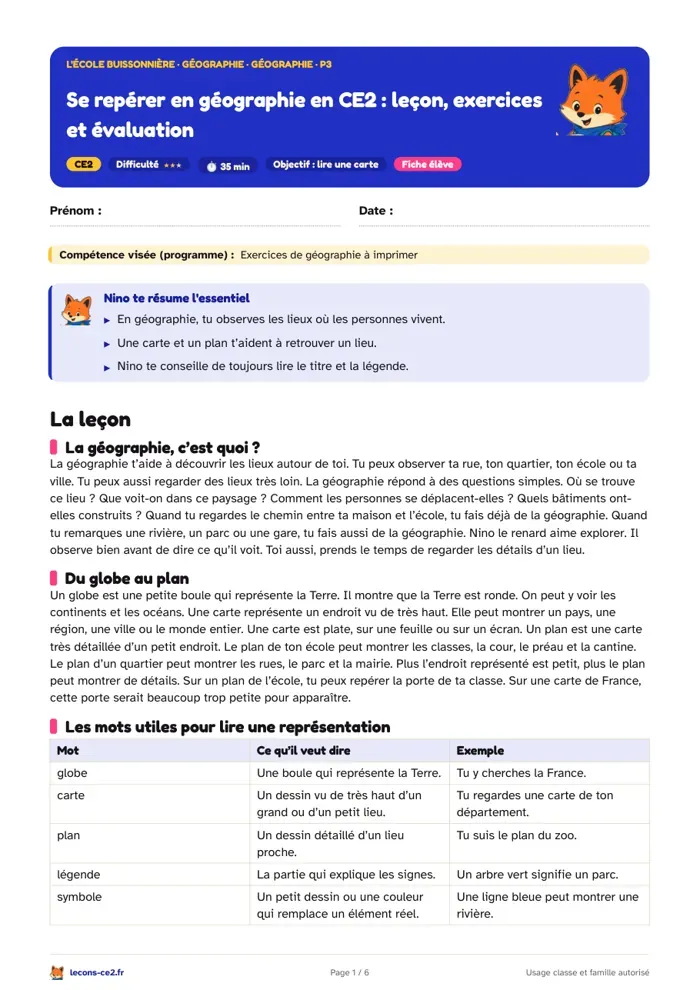 Aperçu de la fiche « Se repérer en géographie en CE2 : leçon, exercices et évaluation » en PDF