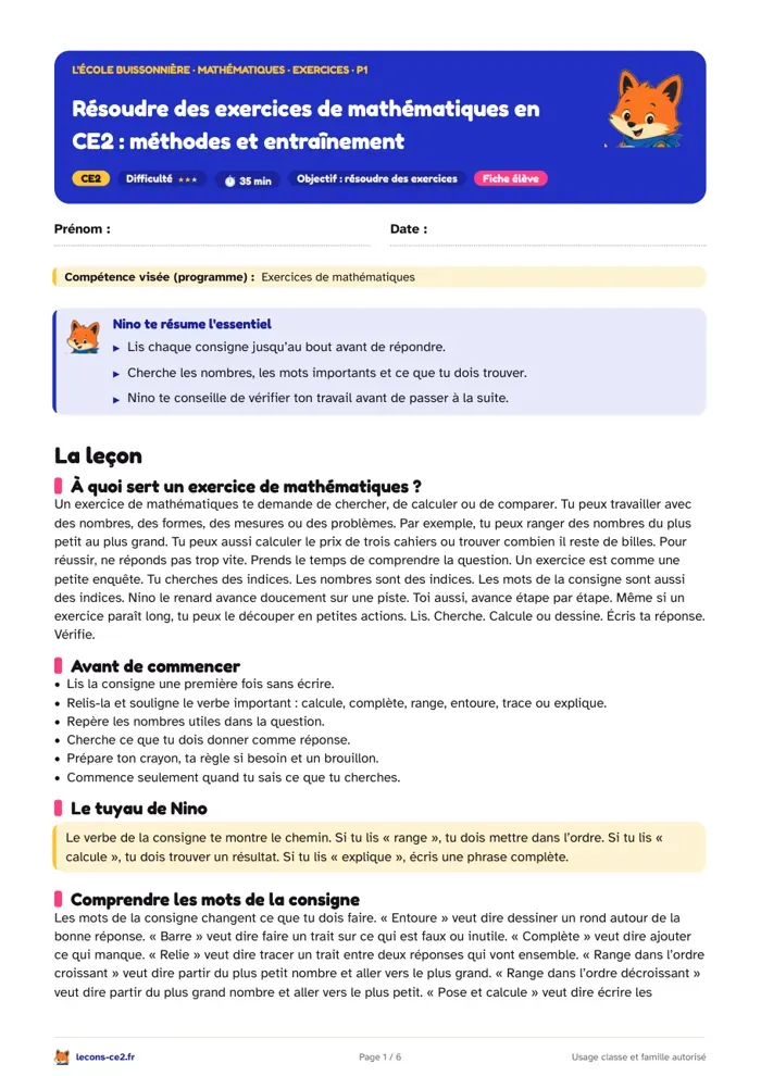 Aperçu de la fiche « Comprendre la consigne et s'aider d'un dessin dans les exercices de mathématiques en CE2 » en PDF