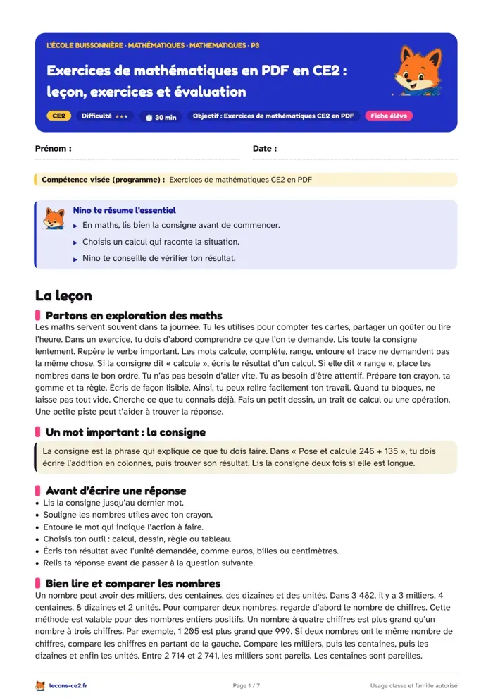 Aperçu de la fiche « Comparer des nombres et choisir une opération en CE2 » en PDF