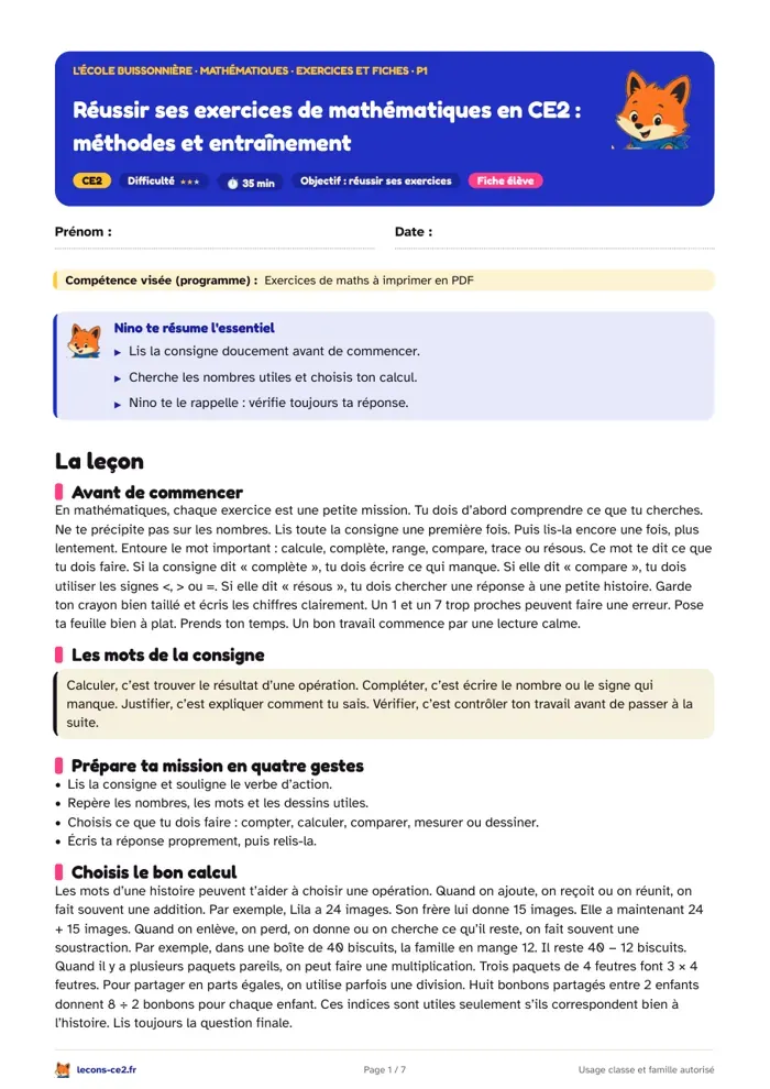 Aperçu de la fiche « Réussir ses exercices de mathématiques en CE2 : méthodes et entraînement » en PDF