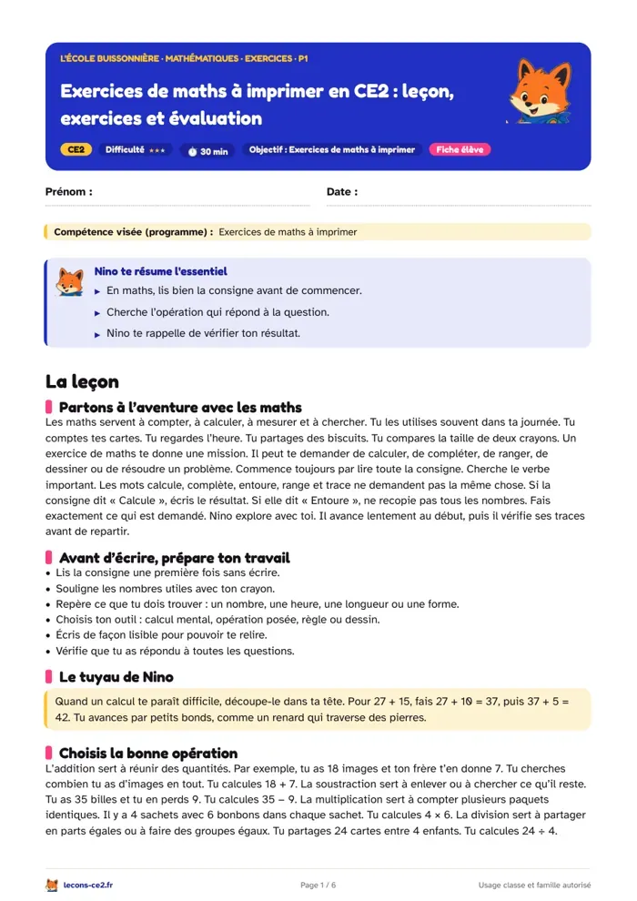 Aperçu de la fiche « Exercices de maths à imprimer en CE2 : leçon, exercices et évaluation » en PDF