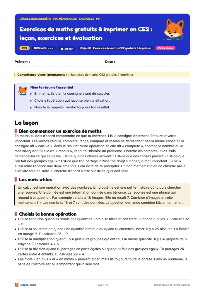 Aperçu de la fiche « Exercices de maths gratuits à imprimer en CE2 : leçon, exercices et évaluation » en PDF